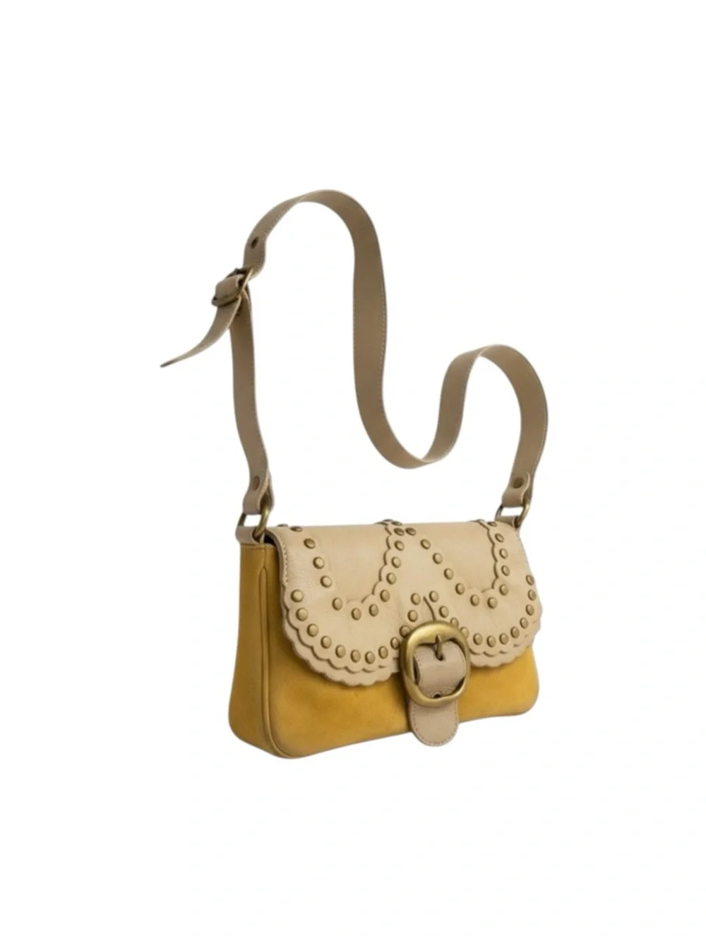 Vintage 90’s: Moschino ♔ Colorblock Studded Flap Shoulder Bag ♔ Yellow Leather